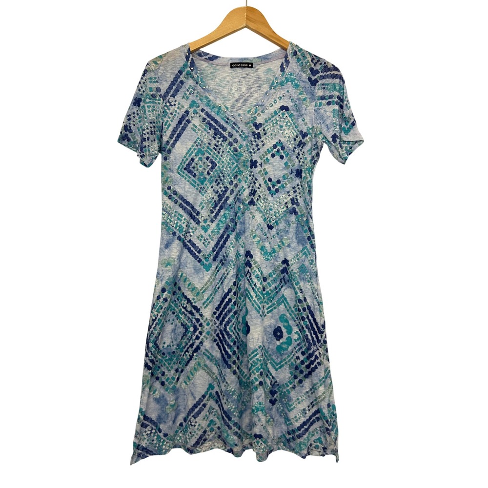 David Cline Women Blue Teal Tile Print Studded‎ V-Neck Slub Knit Chic Dress M
